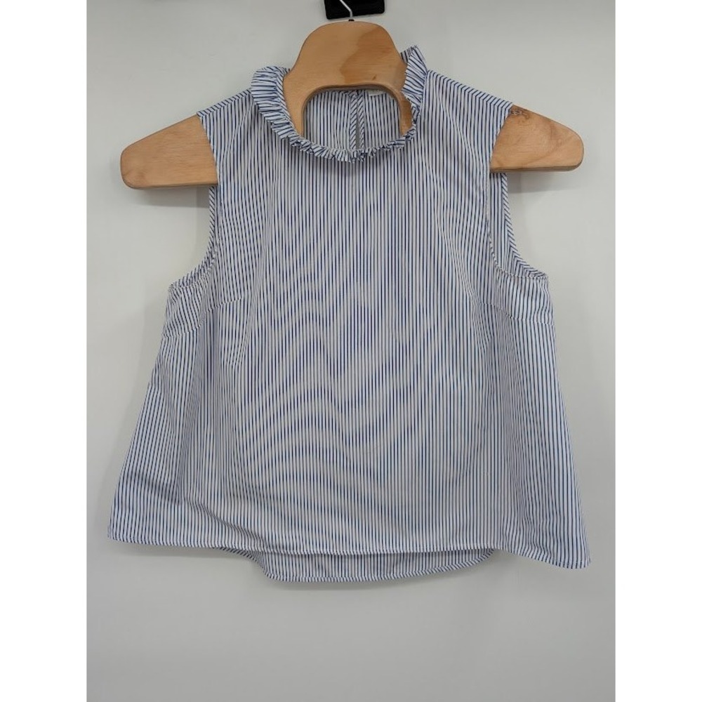 Preston & York Natalie Sleeveless Blouse 14 Blue White Pinstripe Ruffle Neck